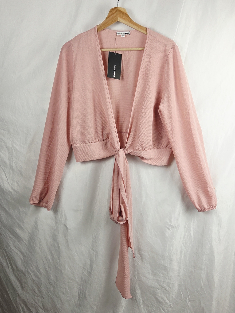 Fashion Nova Little White Lies Top Pink Tie-Front Long Sleeve Crop Size Medium